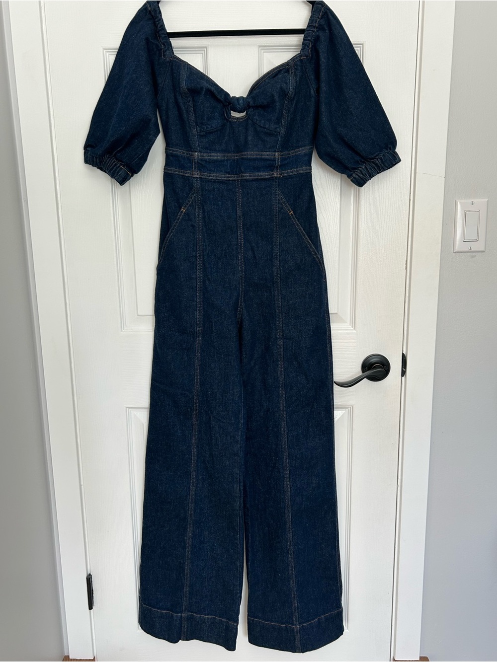 Farm Rio Denim Puff Sleeve Wide Leg Jumpsuit XS Made in Brazil
